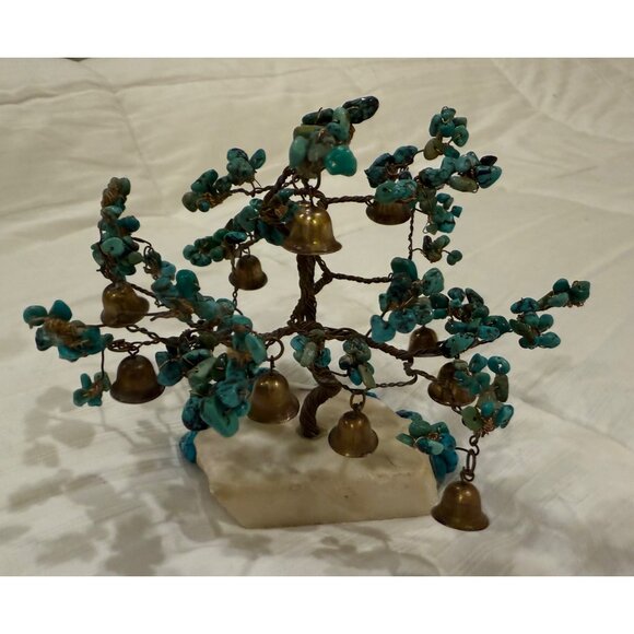 Handcrafted Turquoise Gem Tree Sculpture With Bells On Marble Base - Picture 2 of 8